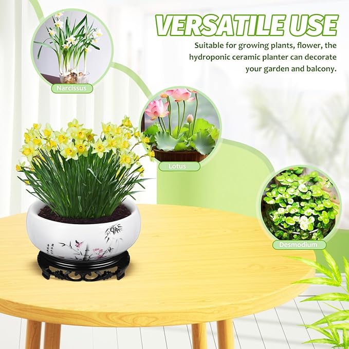 Ceramic Chinese Pot with Base Hydroponic Pot White Water Lily Bowl Ceramic Planter for Home Office Garden 7 Inch