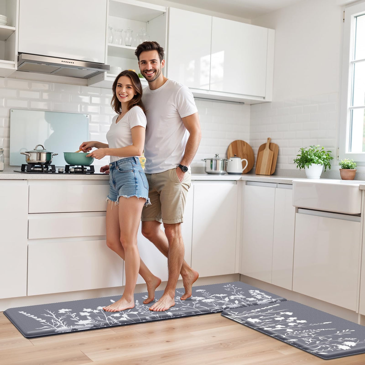 SofterCharm Kitchen Mats for Floor, 2-Piece Anti-Fatigue Kitchen Rugs, Grey