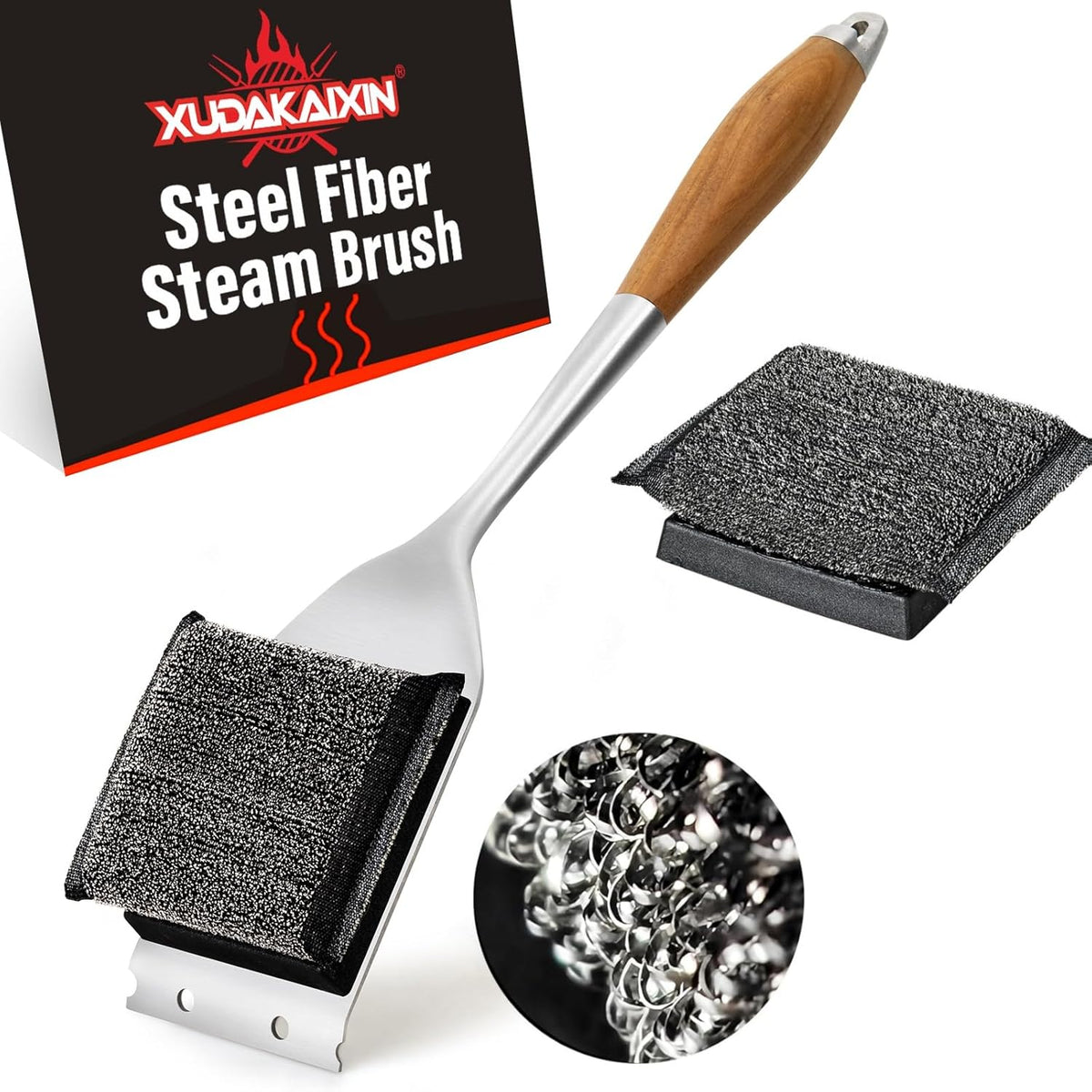 Grill Brush Bristle Free,Unique Steel Fibers Pad [Safe & Efficient] Perfect for Any Grill/Flat Tops Griddles - with 1 Replaceable Cleaning Head - Safe Grill Brush for Outdoor Grill