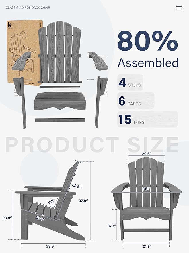 KINGYES HDPE Adirondack Chair, Classic Oversize Adirondack Chair, Grey