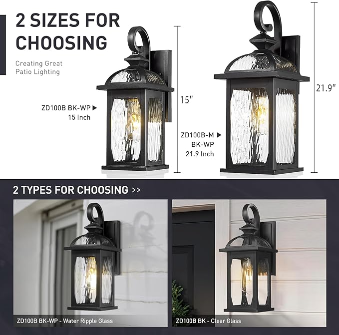 zeyu 15 Inch Outdoor Wall Lights Exterior, Outdoor Patio Light Fixture for Garden Porch, Die-Cast Aluminum with Water Ripple Glass, Black Finish, ZD100B BK-WP