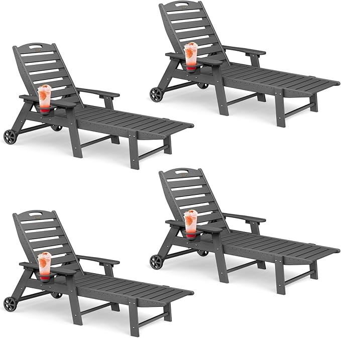 Lounge Chair Outdoor Set of 4 with Wheels, Adjustable 6-Position Chaise Lounge Outdoor, Patio Lounge Chair for Poolside Backyard, Grey
