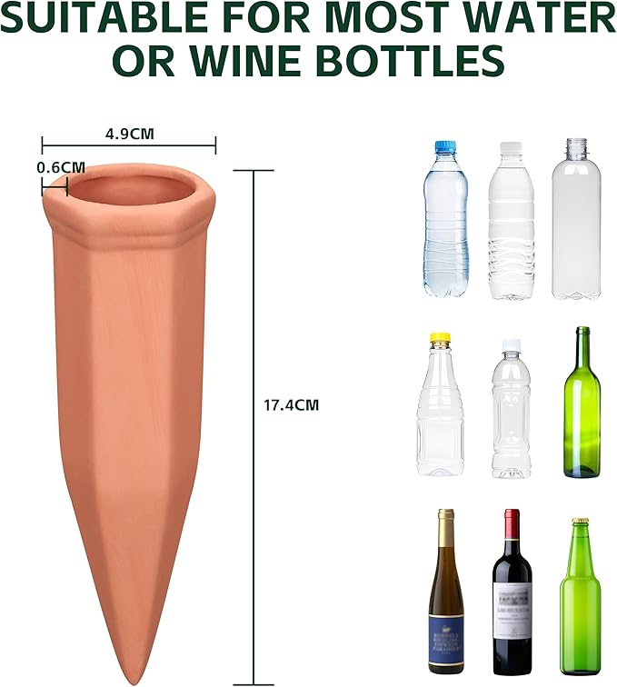Wine Bottle Watering Spikes, Terracotta Watering Spikes for Out | Indoor Plants, Self Watering Planter Insert, Vacation Plant Watering Devices, Clay Plant Watering Globes, 8-Pack