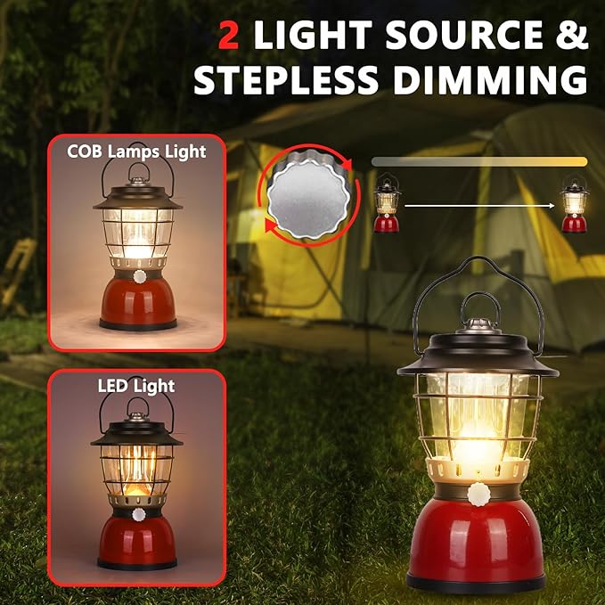 LED Camping Lantern Rechargeable Stepless Dimming Vintage Tent Lamp, 4000mAh Power Bank, IPX5 Waterproof Portable Hanging Camping Tent Light for Camping Hiking Emergency and Power Outage