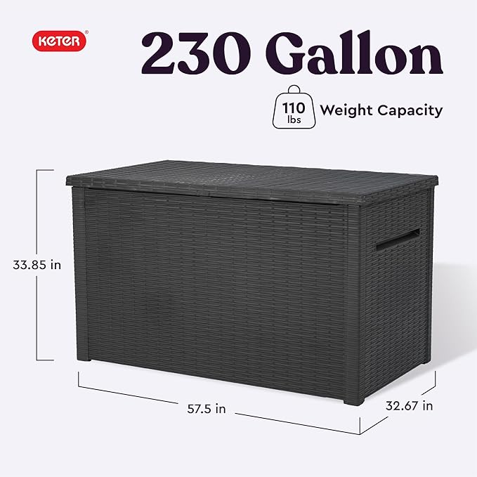 Keter Java XXL 230 Gallon Resin Rattan Look Large Outdoor Storage Deck Box for Patio Furniture Cushions, Pool Toys, and Garden Tools, Dark Grey