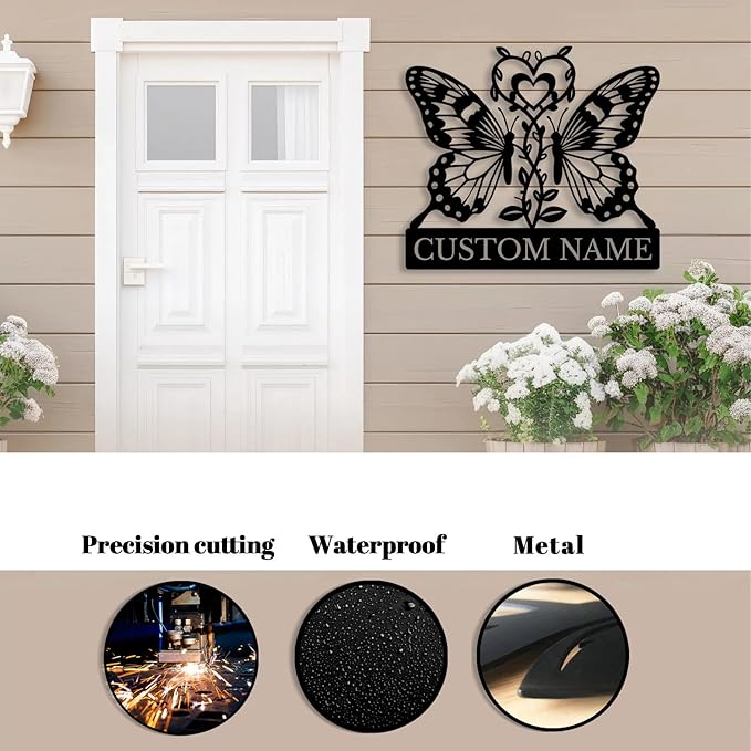Custom Butterfly Metal Sign,Personalized Butterfly House Number Signs,Personalized Gardener Name Sign,Garden Patio Wall Decor (Style-6)