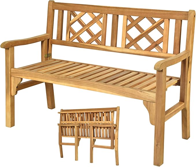 Tangkula Folding Outdoor Wood Garden Bench, Foldable Acacia Wood Patio Bench with Wide Curved Armrest & Backrest, Outside 2-Person Loveseat Chair for Entryway, Yard, Deck, Balcony & Park