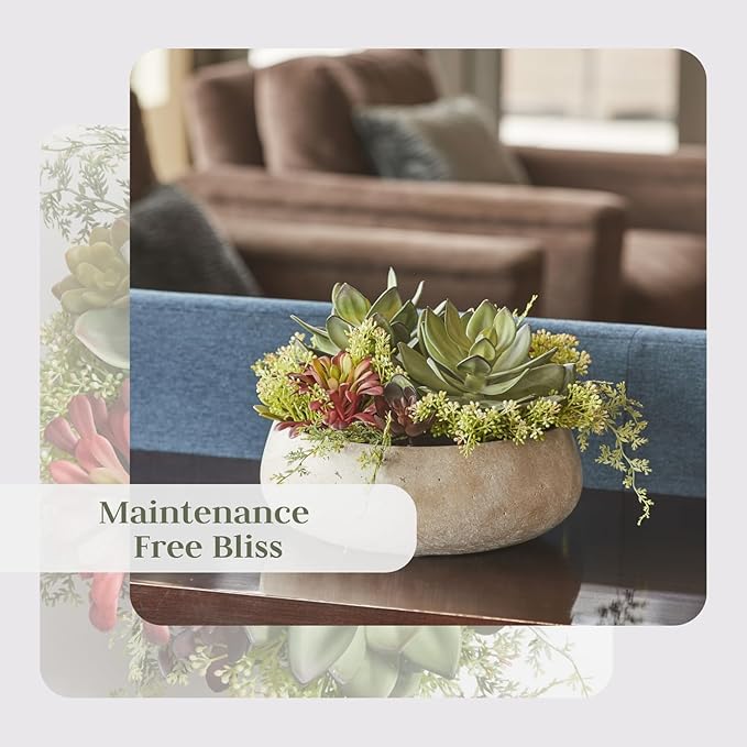 Round Faux Succulent Arrangement, 14" Premium Artificial Indoor Plant Enhances Interior Design, Display on Any Surface in Your Home Adding an Inviting Touch of Nature, Natural Planter Pot Included