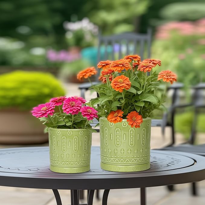Ceramic Pot for Plants - 6 Inch Indoor Planter with Drainage Hole and Saucer, Round Decorative Flower Pots Outdoor, Boho Succulent Planter, Garden Home Decor, Gifts for Plant Lover, Green