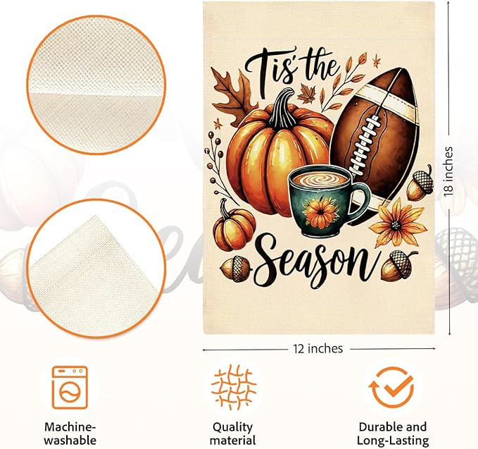 Tis the Season Fall Garden Flag Autumn Football Pumpkin Garden Flag 12x18 inch Double Sided Fall Thanksgiving Flags for Yard Home Porch Lawn (Flay 1804)