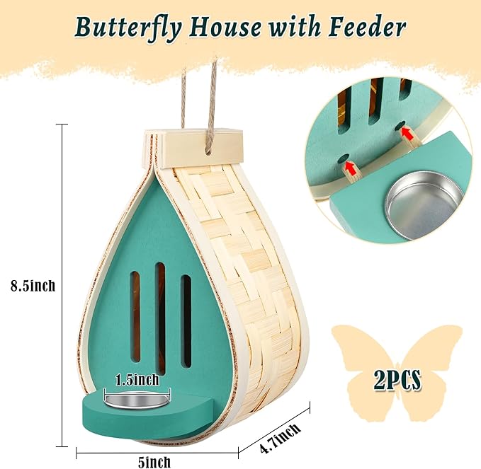 2 Pcs Butterfly House and Feeder, Wooden Hanging Butterfly House for Garden, Natural Butterfly Habitat with Butterfly Puddler for Bugs, Butterflies, Moths, Lacewings