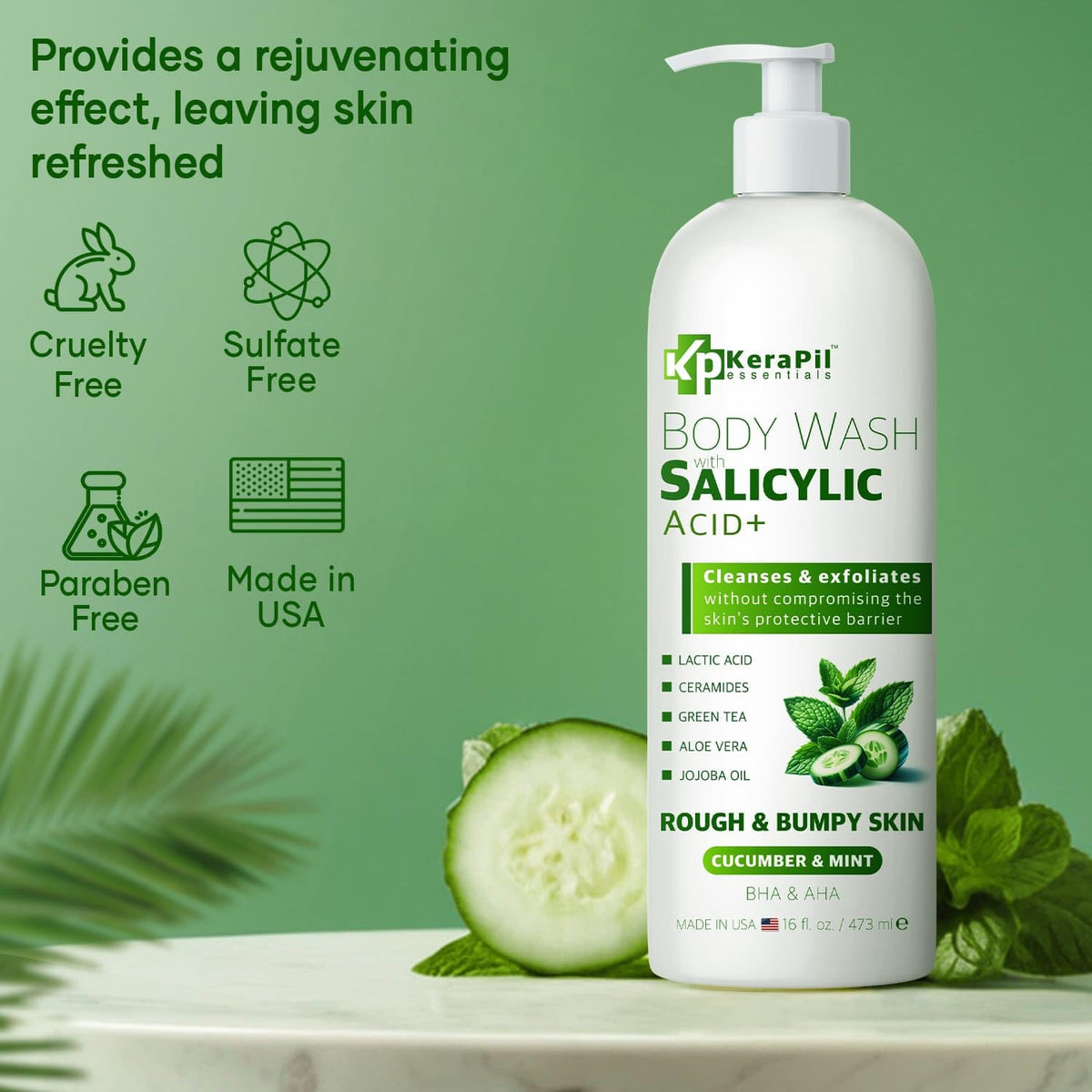 KERAPIL Exfoliating Body Wash, Cucumber and Mint, 16 fl oz x 2