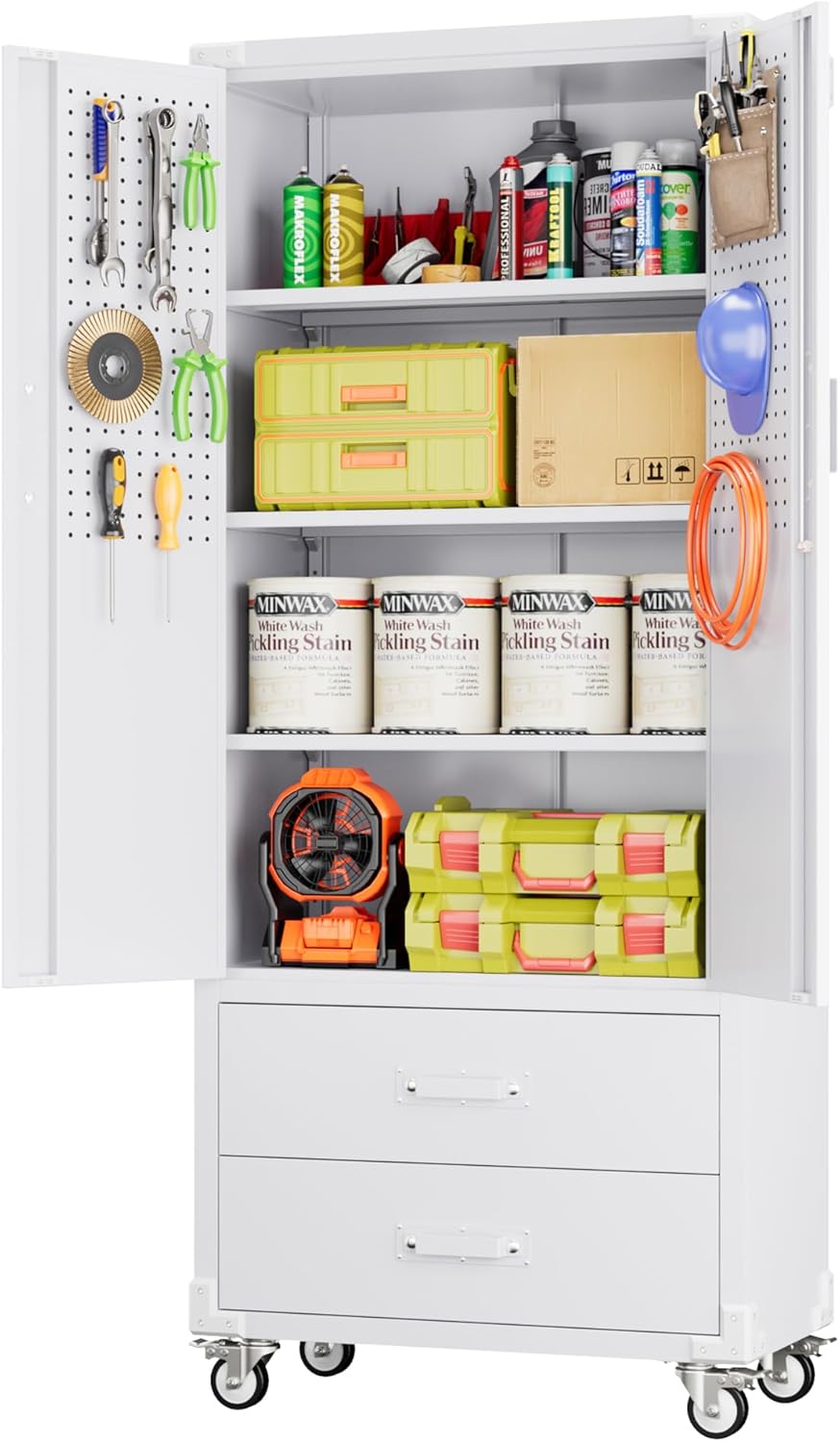 Aobabo 2 Large Drawer Metal Storage Cabinet with Wheels, Lockable Steel Storage Cabinet with 3 Adjustable Shelves with 6 Hooks for Home, Office, Garage, Classroom, White, Assembly Required
