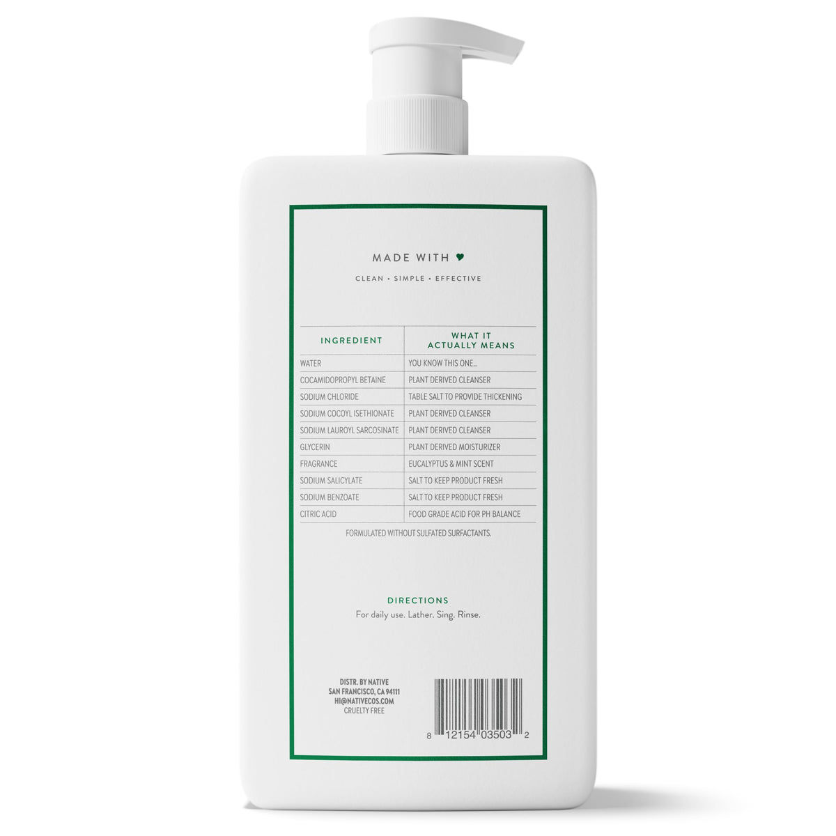 Native Clean Body Wash, Gentle & pH-balanced for Sensitive Skin, 24-Hr Freshness for Women & Men, Vegan & Cruelty-Free, Free of Sulfates, Parabens & Phthalates, Eucalyptus & Mint, 36 oz