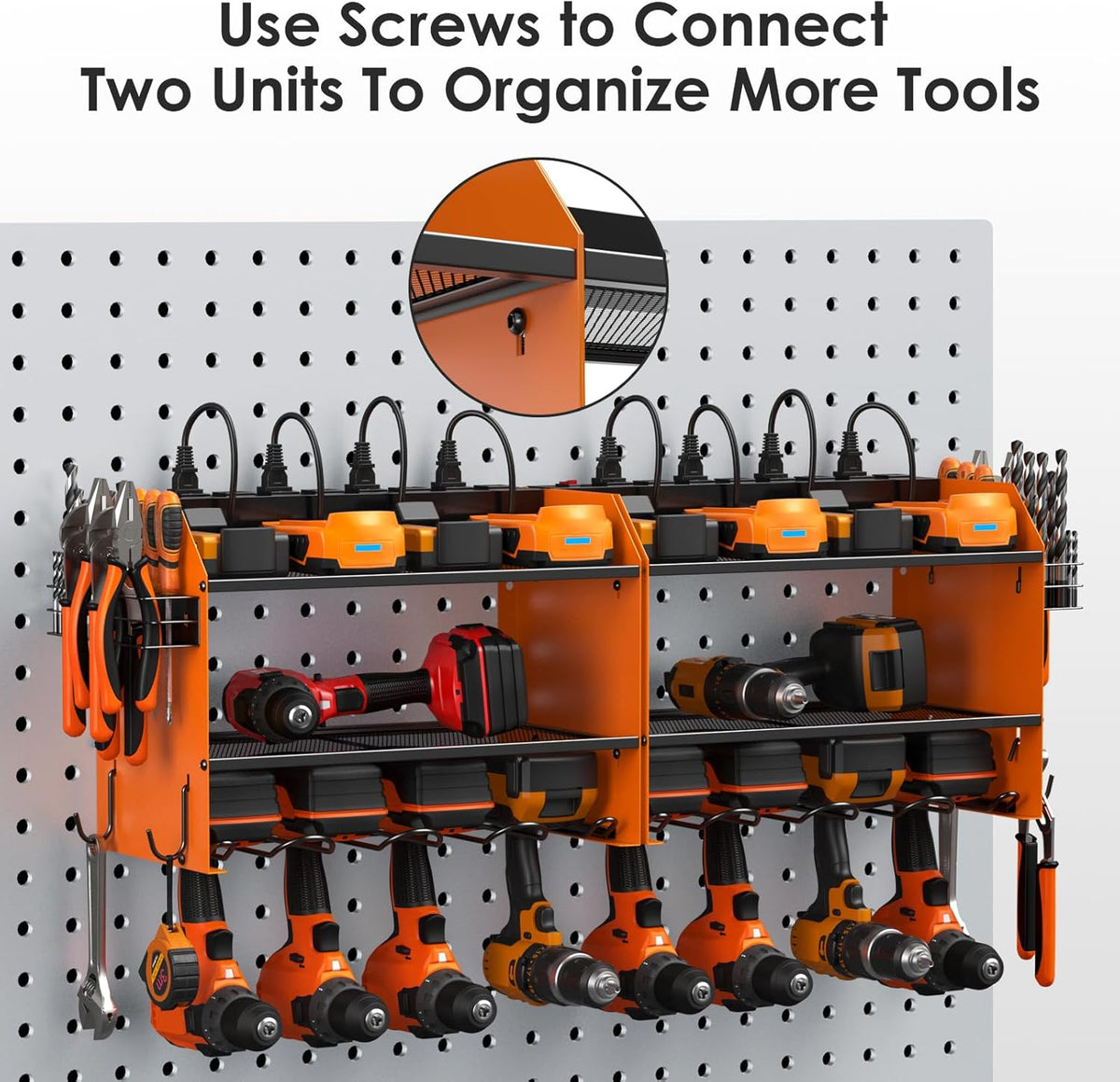 CCCEI Modular Power Tool Organizer Wall Mount with Charging Station. Garage 4 Drill Storage Shelf with Hooks, Drill Bit Heavy Duty Rack, Orange Tool Battery Holder Built in 8 Outlet Power Strip.
