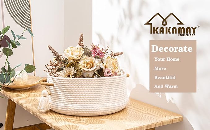 KAKAMAY Woven Baskets for Storage(16"x8"),Blanket Basket for Organizing Living Room,Cotton Rope Basket Woven Baby Laundry Hamper,Collapsible Laundry Room Organization,Clothes,Toy Chest(White)