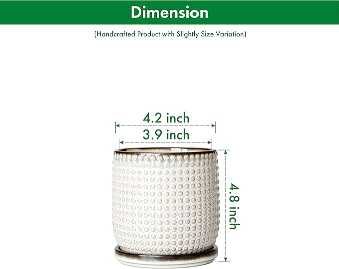 D'vine Dev 4 Inch Ceramic Beaded Stoneware Planter Pot - Flower Pot with Drainage Holes and Saucers for Indoor Succulent Plants or Flowers, Smoked White, 27-C-Z-1