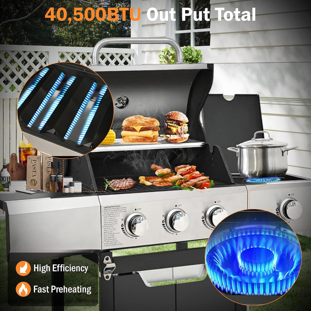 3-Burner Propane Gas Grill with Side Burner, 40,500 BTU Stainless Steel BBQ - Easy Assembly & Grease Management for Patio, Backyard, Camping (3+1Burner)