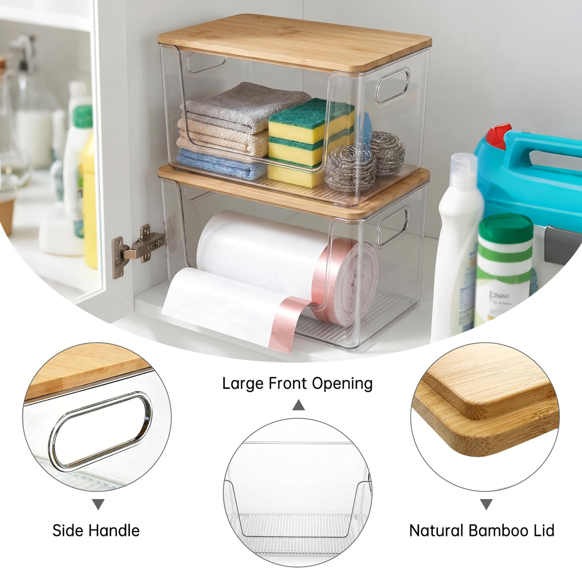 Sesopoen Trash Bag Holder 2 Pack, Stackable Garbage Bag Dispenser with Bamboo Lid, Large Capacity Under Sink Organizer for 13/30/33 Gallon Bags, Clear Storage Bins for Kitchen, Laundry Room