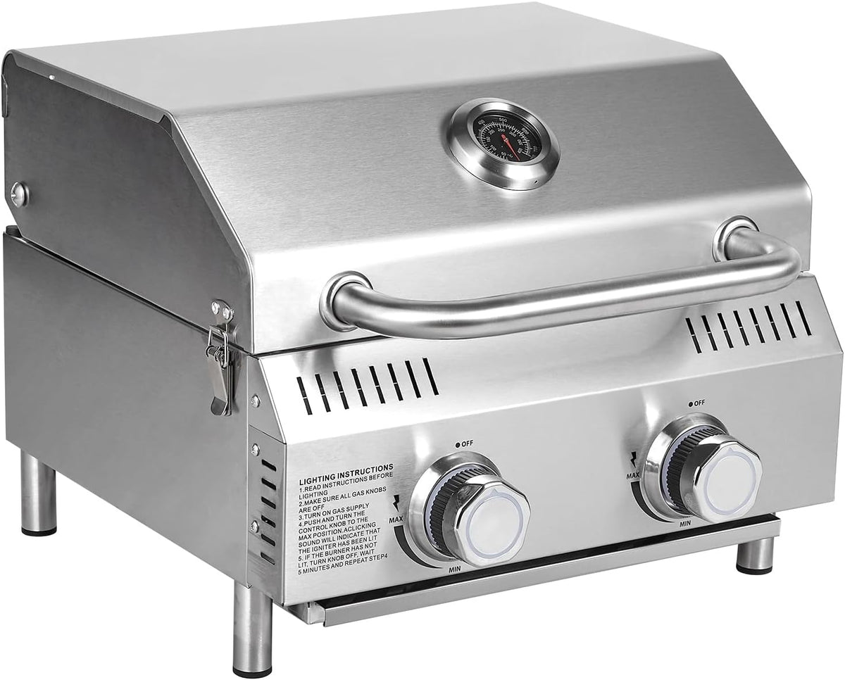 Bestfire Tabletop Gas Grill 2 Burners, 20,000 BTUs Stainless Steel Portable Propane Grill with Legs for Outdoor Patio Backyard Camping, Tailgating, and RV Trips