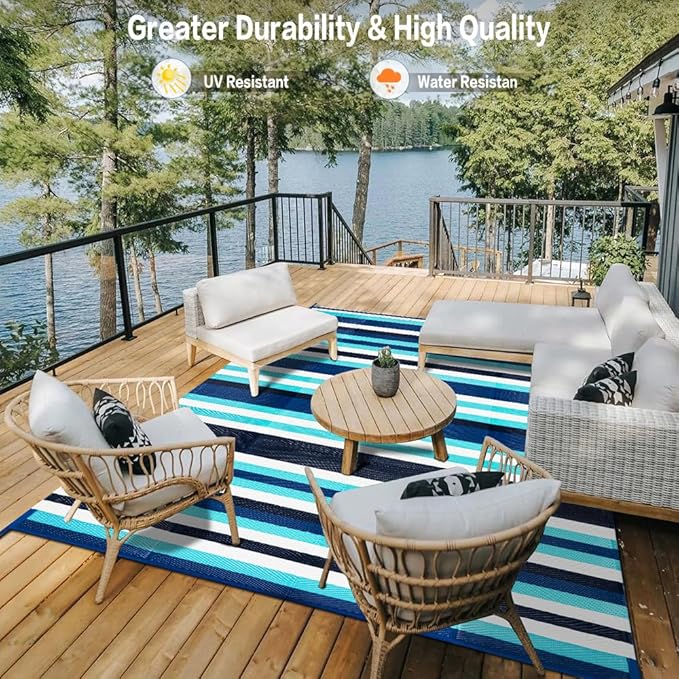 Outdoor Waterproof Rug 9'x12' Plastic Straw Rugs Washable Reversible Floor Mat Blue Stripe Carpet for Camping RV Deck Entryance Porch Picnic Balcony Beach Backyard