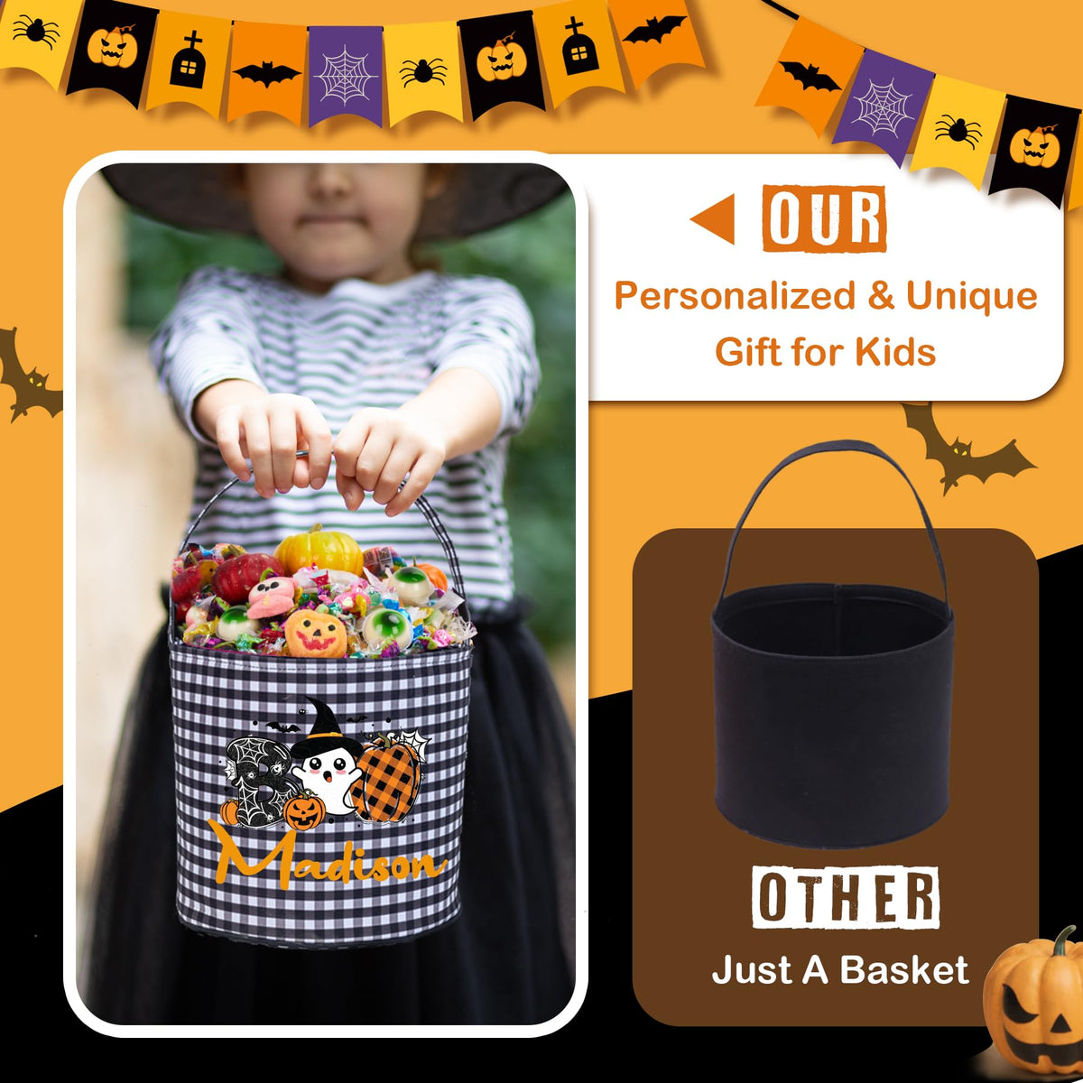 Personalized Halloween Basket - Monogrammed with Name,Pumpkin,Custom Trick or Treat Bucket,Halloween Gifts Basket,Candy Bags for Halloween Party Favor
