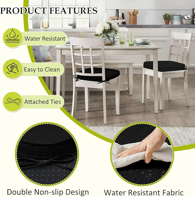 Chair Cushions for Dining Chairs, Indoor Chair Cushions with Ties，Waterproof Chair Pads Set of 6, Black, 17x16x2.5 Inch