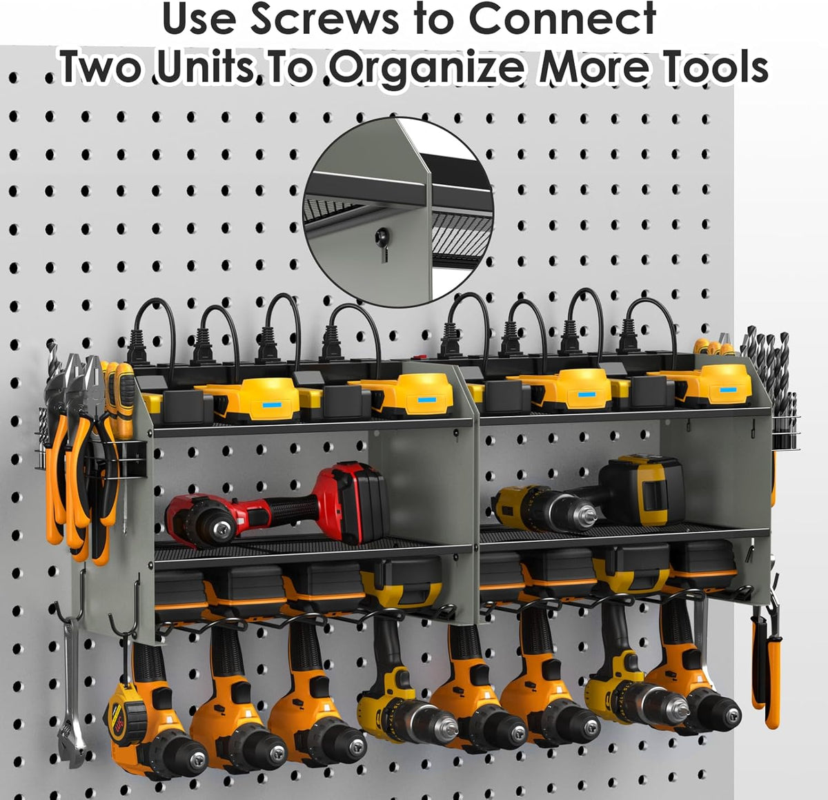 CCCEI Modular Power Tool Organizer Wall Mount with Charging Station. Garage 4 Drill Storage Shelf with Hooks, Drill Bit Heavy Duty Rack, Grey Tool Battery Holder Built in 8 Outlet Power Strip.