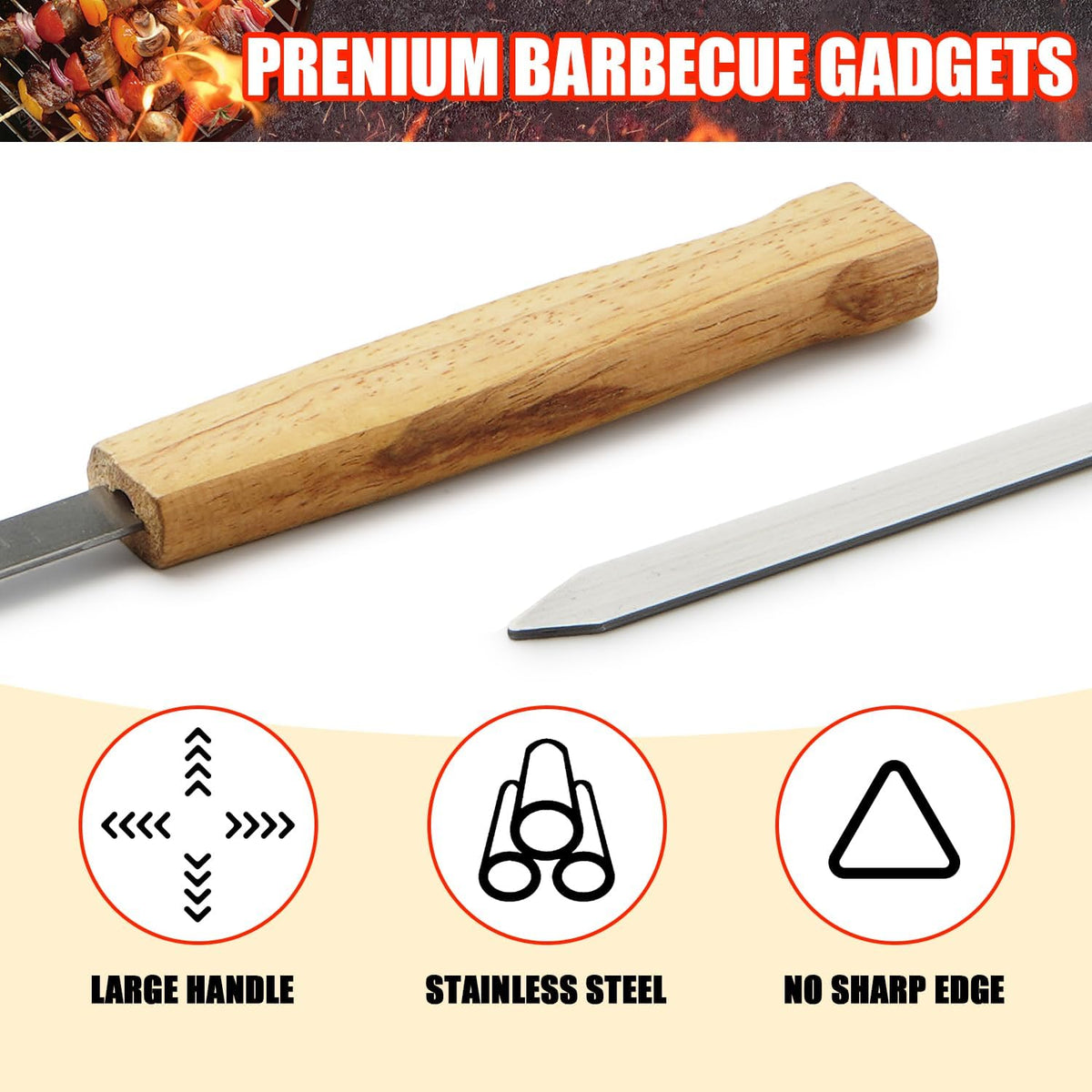 SHIKORI Kabob Skewers,BBQ Barbecue Skewers,Stainless Steel Sticks,17 Inch Heavy Duty Large Wide Reusable,with Nonslip Wooden-8 Pcs