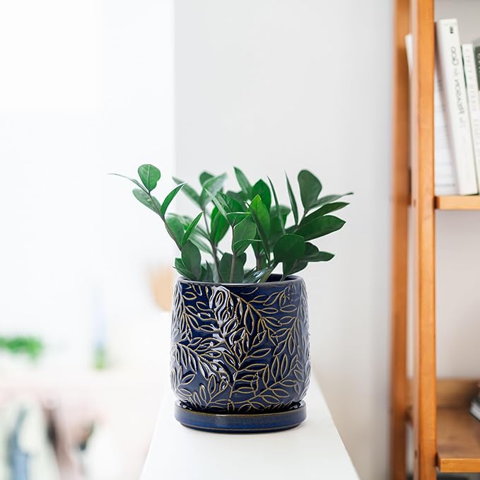 D'vine Dev 4 Inch Embossed Leaves Stoneware Planter Pot with Drainage Hole and Saucer, Midnight Blue, 27-A-Z-3