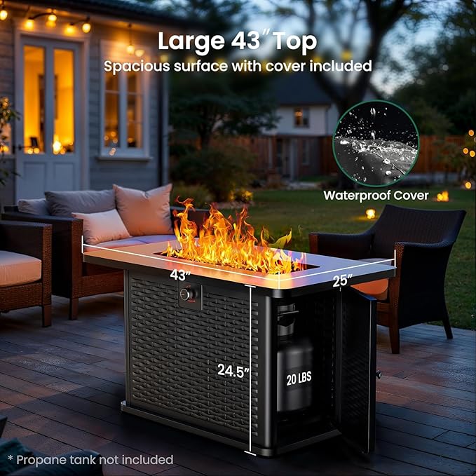 Ciays 43-Inch Rectangular Propane Fire Pit with 60,000 BTU Output, Gas with Cover and Rocks, Table CSA-Certified 2 in 1Table Gatherings Parties with 304 Stainless Steel H-Burner
