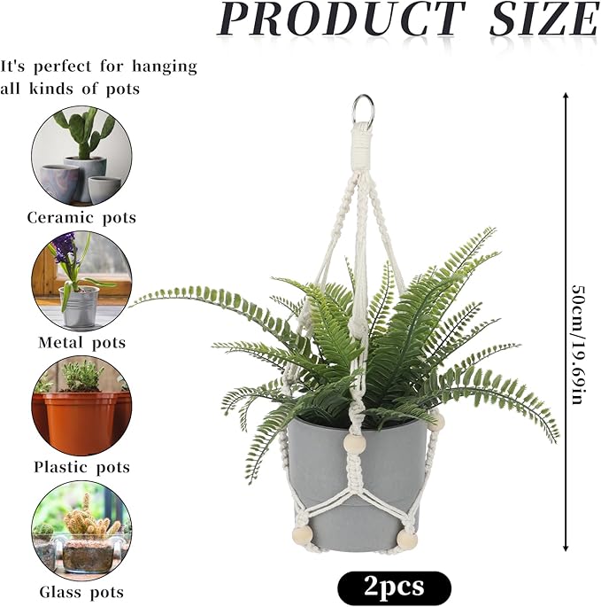 Macrame Plant Hanger Indoor, 2 Pack Boho Decor Hanging Plant Holder Hanging Planters for Indoor Plants Window Plant Hanger Flower Pot Hanging Basket with Wood Beads and Metal Hook Rings Ivory 20 Inch