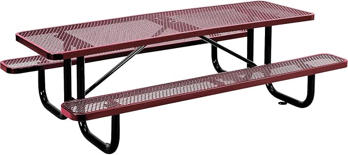 Global Industrial 8’L Rectangular Picnic Table, Expanded Metal, Red Thermoplastic Coating, Attached Benches, 1-1/2” Umbrella Pole Hole, Outdoor-Rated, 1000 lb Capacity, 96” x 30” Tabletop