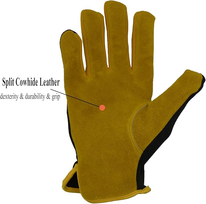 HANDLANDY Leather Work Gloves for Men & Women, Reinforced Durable Garden Gloves, Cowhide Working Glove for Gardening
