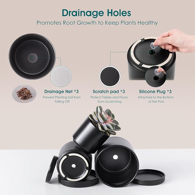 vancasso Ceramic Plant Pots, 3 Piece Planters for Indoor Plants, 4.25+5.25+6.25 Inch Flower Pots with Drainage, Plant Pots Indoor for Succulent, Pothos, Snake Plant and Money Tree, Etc (Black)