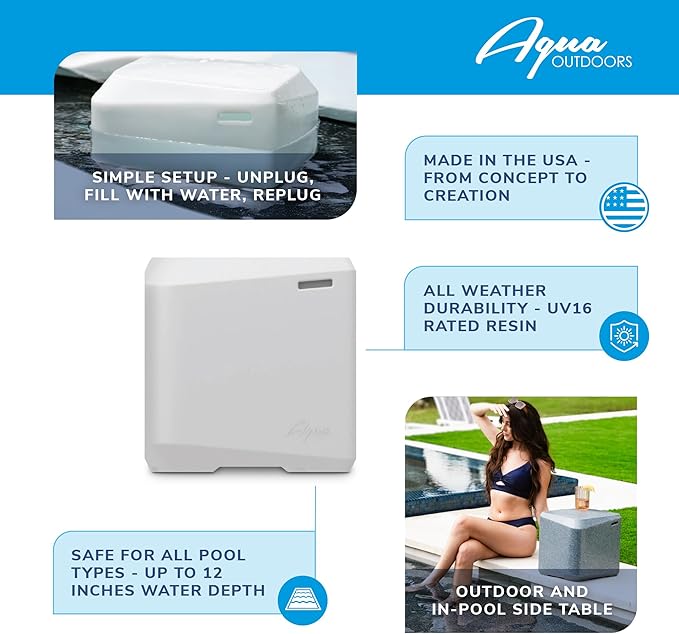 Aqua Outdoors - Small Side Table - for Inside Pool, Sun Shelf & Patio Surfaces - Designed for Shallow Shelves Up to 10” - Compatible with All Pool Types - Poolside & Sun Deck Tanning - White Granite