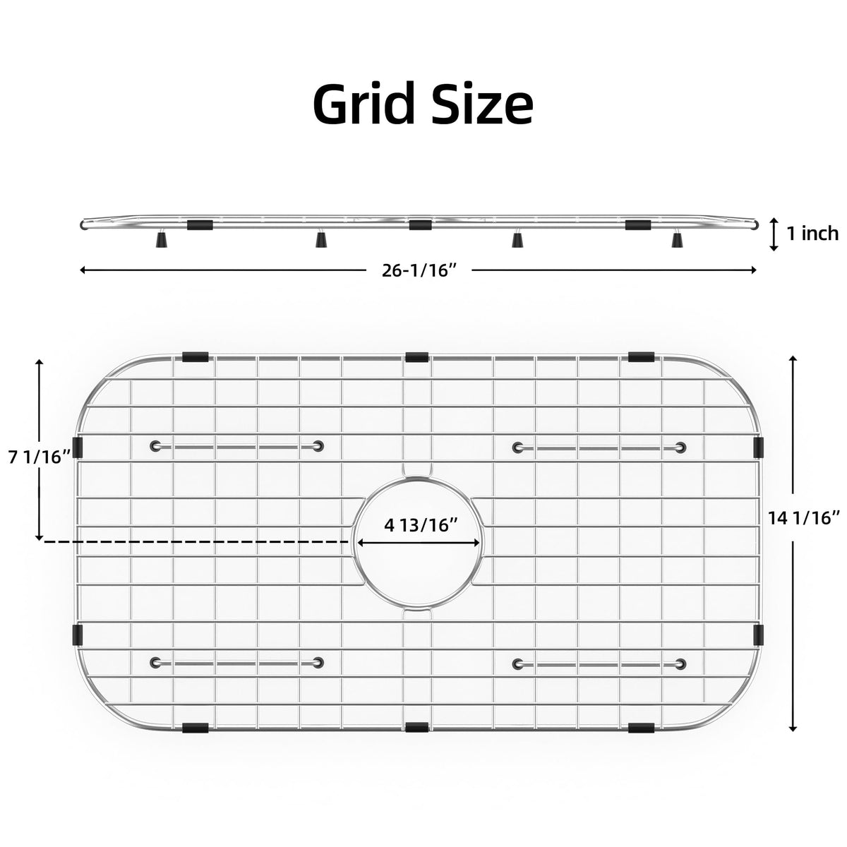 BOMD Sink Protector Grid 26-1/16" x 14-1/16", Centered Drain with Corner Radius 3-1/2" for Kitchen Sink Centered Drain with Corner Radius, 304 Stainless Steel Material