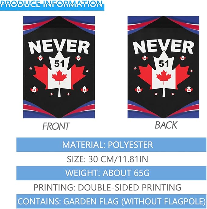 Never 51st State Canada Flag Garden Flags 12x18 Double Sided Funny House Flag for Holiday Outdoor Decorations