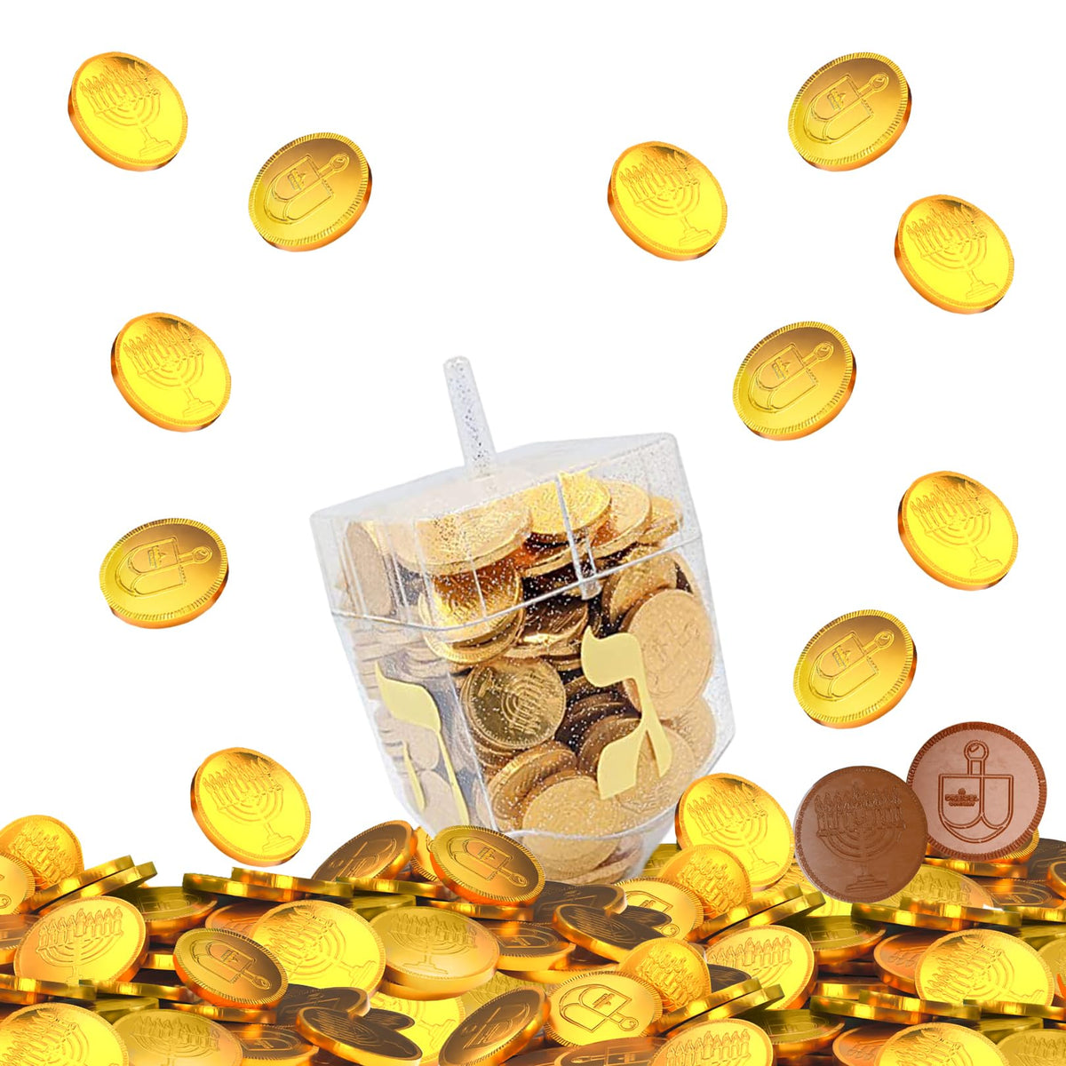 The Dreidel Company 6-Pack Dreidel Filled with Hanukkah Chocolate Gelt Coins with Menorah and Dreidel Design Kosher 6 Dreideld Filled with Ten Coins