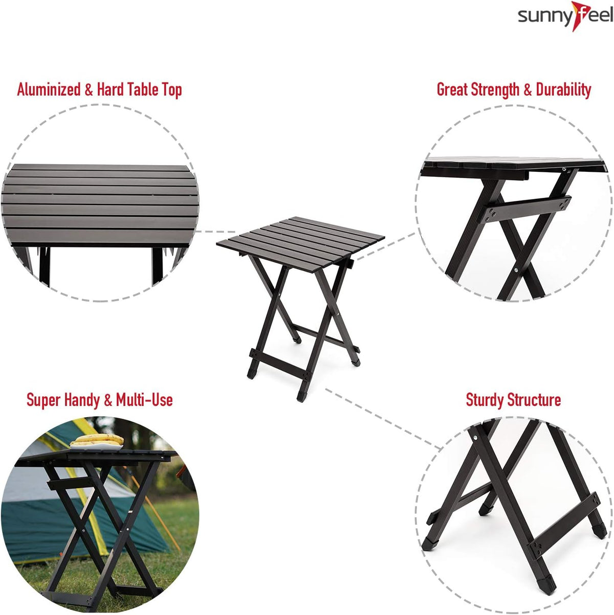 SUNNYFEEL Folding Camping Table - Lightweight Aluminum Portable Picnic Table, 18.5x18.5x24.5 Inch for Cooking, Beach, Hiking, Travel, Fishing, BBQ, Indoor Outdoor Small Foldable Camp Tables