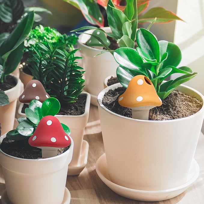 4PCS Terracotta Self Watering Spikes, Mushroom Shaped Self Watering Globes, Slow Release Self Watering Planter Insert, Plant Watering Globes for Indoor and Outdoor Plants