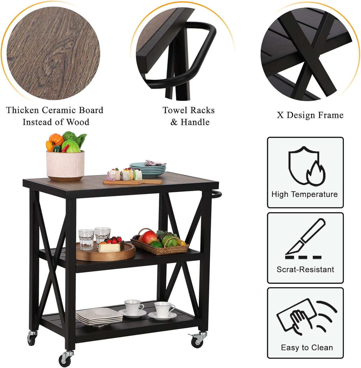 PHI VILLA Outdoor Grill Table, Elegant Grill Cart with Ceramic Wood Grain Table Top, Serving Cart with Shelves, Patio Grilling Backyard BBQ Grill Cart, Black