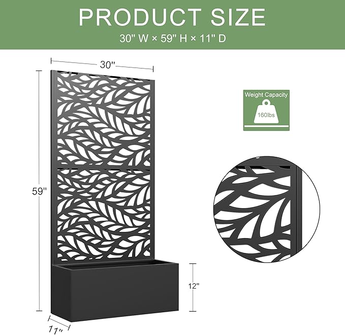 Casaphoria Metal Raised Garden Bed with Trellis, 59"x30"x12" Planter Box for Climbing Plants, Vegetables & Vines, Features Drainage Holes and Privacy Screen (Black-Spring)