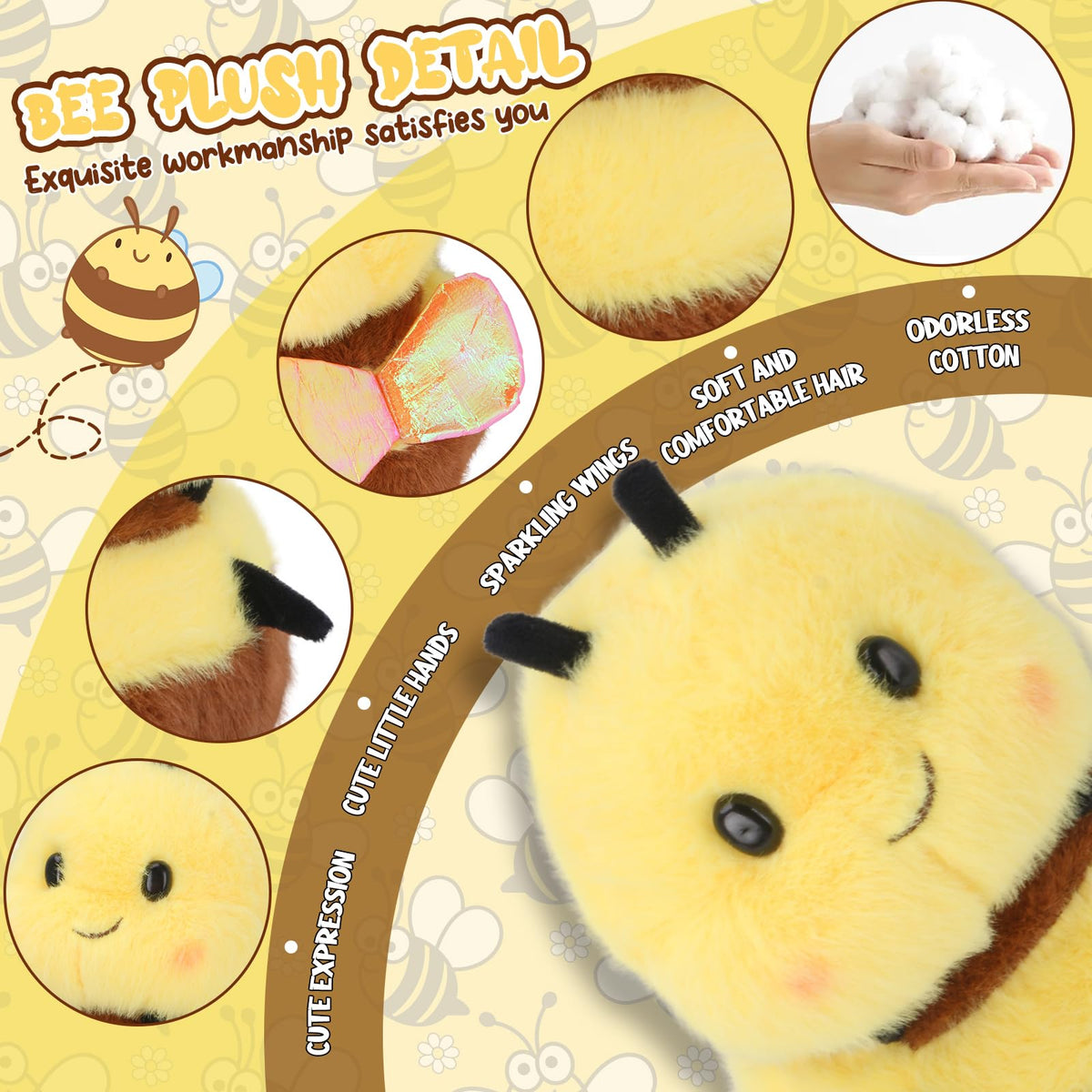 RHHSSE Chubby Smiling Bee Plush, Lucky Soft Bumblebee Plush Toy, Cute Bee Stuffed Animal, The Best Gift for Child and Partners(8 inch)