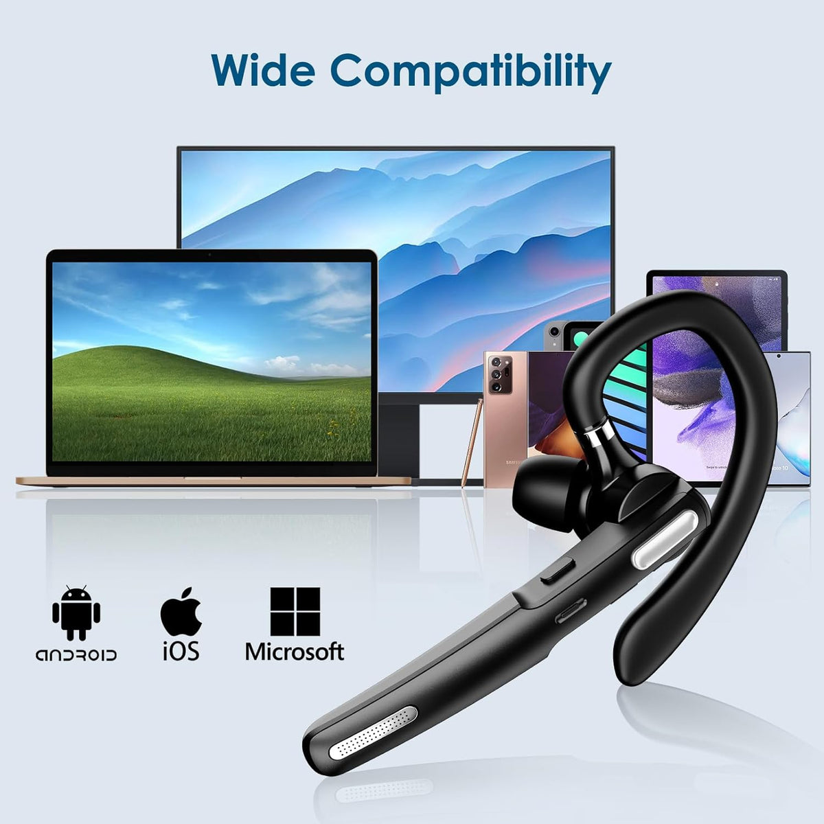 Bluetooth Headset, Wireless Bluetooth Earpiece V5.0 Hands-Free Earphones with Built-in Mic for Driving/Business/Office, Compatible with iPhone and Android (Black)