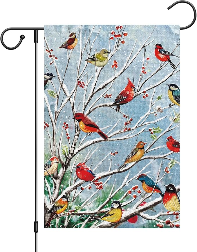Louise Maelys Welcome Christmas Garden Flag 12x18 Double Sided, Small Burlap Tree Cardinal Birds Xmas Outside Outdoor House Yard Decor