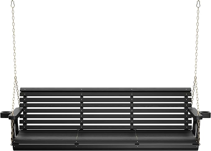 Amish Casual 6 Foot Roll Back Porch Swing with Cup Holders in Semi-Solid Black Stain - Amish Made in The USA from Treated Pine Heavy Duty 700 Lb. Weight Capacity