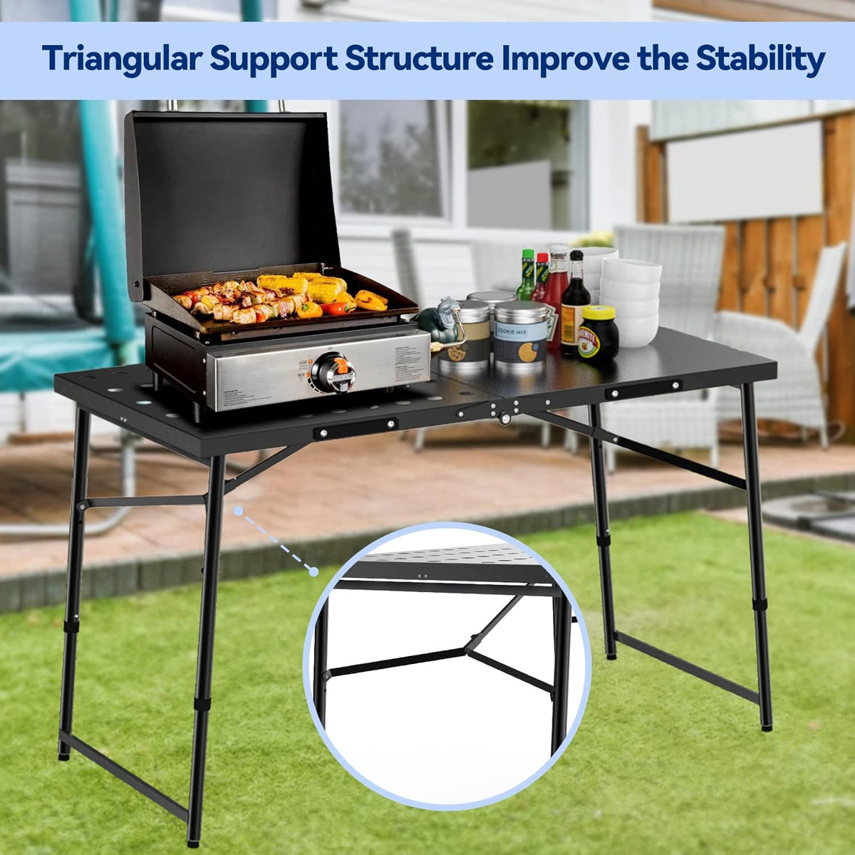 Skyflame Folding Camping Table with Adjustable Height Legs, Black Metal Portable Outdoor Grill Stand Table with Handle for BBQ, Grilling, Camping Trip, RV, Picnic, Backyards, Tailgating