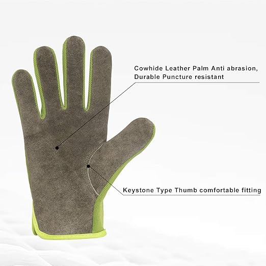 HLDD HANDLANDY Leather Work Gloves for Men & Women, Cowhide Gardening Gloves Utility Work Gloves, Mechanic Construction Driver Gloves (M, Green)