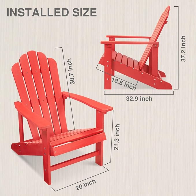 Psilvam Classic Adirondack Chair, Standard-Sized Poly Lumber Fire Pit Chair, 350Lbs Support Weather Resistant Patio Chairs for Garden, Party, Beach(Red)
